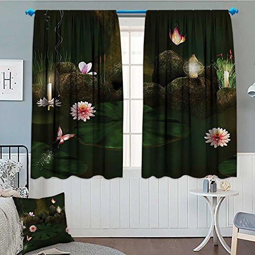 Magic Home Decor Patterned Drape For Glass Door Mystical Secret Place Deep Dark in the Forest with Butterflies and Flowers Zen Image Waterproof Window Curtain 52"x63" Green Brown