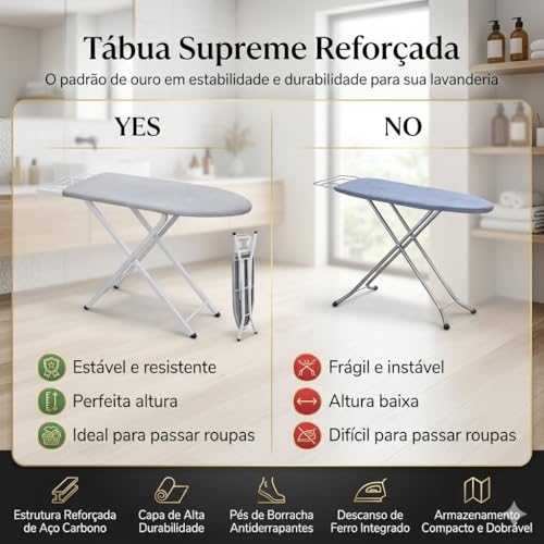 Mesa de Passar Roupa Suprema Dobrável com Porta-Ferro, Altura Ajustável e Estrutura Reforçada, Tábua de Passar Roupa Extra Grande Preto/Chumbo Metalizado Suprema Extra