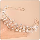 Xerling Golden Crystal Tiara Pearls Rhinestone Headband Layered Hair Band Bride Wedding Floral Hair Accessory Bridal Jewelry