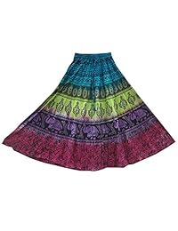 Mogul Womens Multi Color Skirts Tie-Dye Ethnic Printed Long Flared Skirt XS