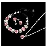 Lisingtool Crystal Jewelry Bracelet Earrings Necklace Set (Pink)