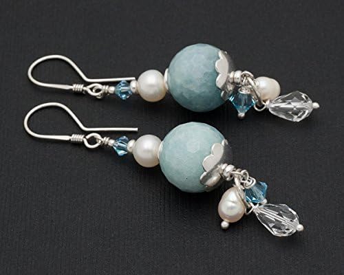 Blue amazonite cultured pearl Swarovski Elements crystal sterling silver 925 dangle bridal earrings