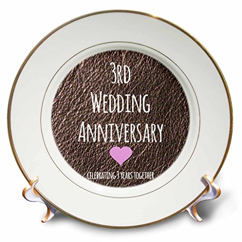 3dRose LLC cp_154430_1 "3rd Wedding Anniversary Gift-Leather Celebrating 3 Years Together Third Anniversaries Three Years" Porcelain Plate, , 8-Inch