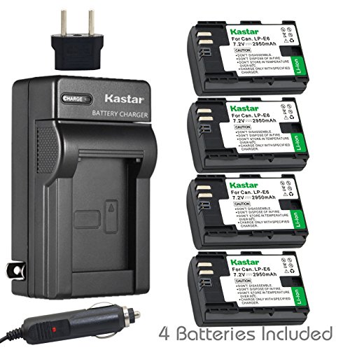 Kastar Charger and Battery 4x for Canon LP-E6 LP-E6N, Canon EOS 60D 60Da EOS 70D XC10, EOS 5D Mark II 5D Mark III 5D Mark IV, EOS 5DS 5DS R, EOS 6D 7D Mark II, BG-E14 BG-E13 BG-E11 BG-E9 BG-E7 BG-E6