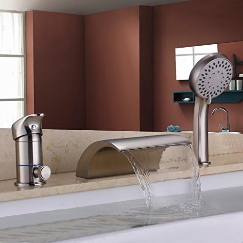 Waterfall Solid Brass Three Holes Single Handle Roman Bathtub Faucet Set with Hand Shower,Nickel Brushed Finish