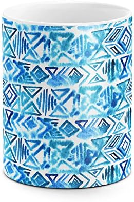 Native Aztec Triangles Tribal Blue Watercolor Mosaic Boho Pattern White Heat Resistant Ceramic Tea Coffee Mug - 11oz