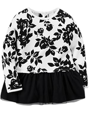 Girl L/S Floral Peplum Tunic; Black and White