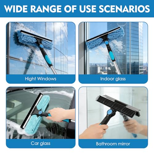 Telescopic Glass Cleaner, 10 Sticks, 0.13-4 m, 180° Rotating Head, Replacement Cloth, Chenille and Brush, for Roofing Terraces, Greenhouses, Skylights, Large Glazed Surfaces | For high windows, shower, car, mirror, microfibre covers, professional quality