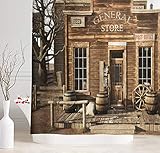 NYMB Western Cowboy Farmhouse Bathroom Shower Curtains, Rustic Wooden Store in Rural Town, Polyester Bath Curtain, Fabric Wood Shower Curtain Sets with Hooks, 69