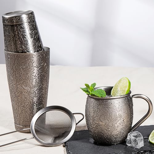 SKY FISH® Shaker per Cocktail Boston, Kit Cocktail da 18 Pezzi con Design in Rilievo 3D, Set da Barman Professionale per Gli Amanti dei Cocktails, Lavaggio a Mano, Grigio Spazio