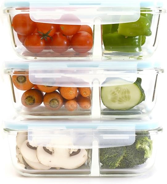 Double Compartment Glass Food Containers (6 Piece Set, 40 Oz, Rectangle) by Western Ridge Products