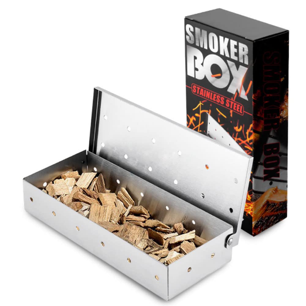 BBQ Smoker Box, BBQ Smoking Box for Smoking Chips and Wood Smokers, Gas BBQ Smoker Box, Stainless Steel & Opens Easy with Hinged Lid for Charcoal Grills, Outdoor Barbecue Accessories, Silver