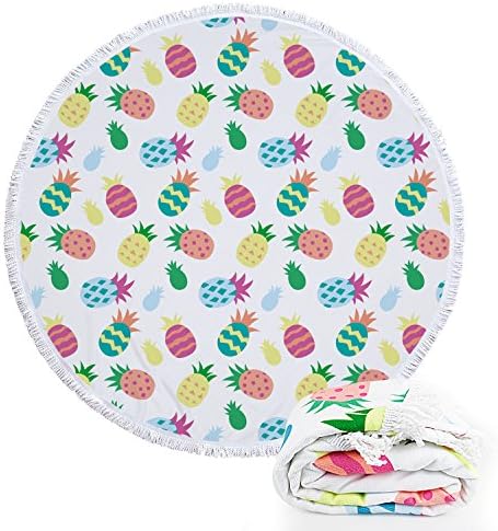 Footalk Round Roundie Tropical Pineapple Collections Beach Towels Thick Terry Yoga Picnic Mat Large Tapestry Tablecloth Decorations With Long Fringe Tassels