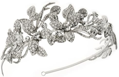 USABride Rhinestone Leaf Bridal Headband, Floral Embellished Silver Statement Wedding Headpiece for Brides TI-3145