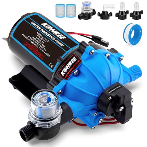 2026 Upgraded Kohree RV Fresh Water Pump 7.5 GPM 70 PSI, 12V DC Water Pump, Self-Priming, Five Chamber Diaphragm Water Pump with Heavy Duty Pressure Switch and Strainer for RV, Marine, Yacht, Caravan