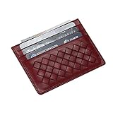 MEKU Womens Leather Card Case Wallet Weaved Credit Card Holder Slim Business Card Case Front Pocket,Wine Red