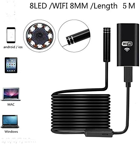 Wireless Endoscope, 8mm Digital Wifi USB Borescope Inspection Camera 2.0 Megapixels CMOS HD IP67 Waterproof Snake Camera with 8 Adjustable Led Light - 16.4ft 5M