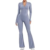 YEOREO Women Long Sleeve Flare Workout Jumpsuit Zip Up Romper Bottom Pants Wide Leg Bodysuit Bodycon Sexy One Piece