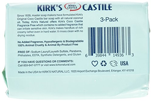 image for Kirk's Original Coco Castile Soap Fragrance Free 4 oz, Pack 18