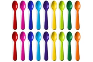 PLASKIDY Plastic Kids Spoon Set of 18 - BPA Free, Dishwasher Safe Reusable Children's Cutlery - Brightly Colored Toddler Flatware Set