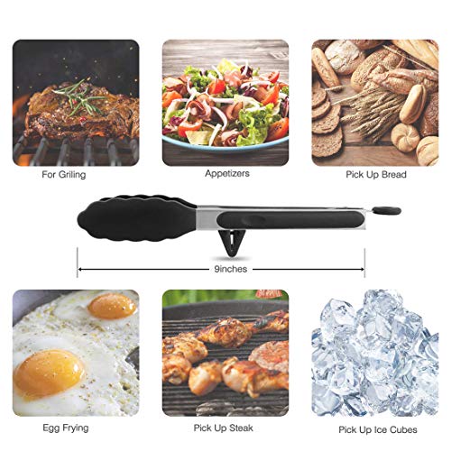 Kitchen Tongs with Silicone Tips for Cooking,Barbecue,BBQ Grill,Picking Bread,Salad.High Heat Resistant to 480°F(9 Inch, BLACK)