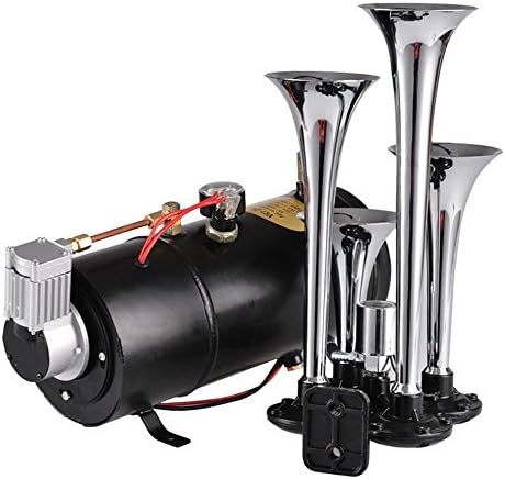 Pesters Super Loud 4 Trumpet 150DB Vehicle Air Horn Kit, 100PSI Kit Set with 12V Blue Compressor Kit and Hose, Gauge for Train Car/Truck/Boat (US STOCK)