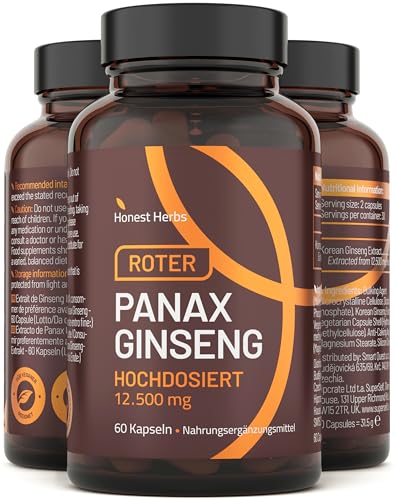 Ginseng Kapseln - Roter Panax Ginseng Extrakt 12.500 mg pro Tagesdosis - Echter Koreanischer Wurzel mit 20% Ginsenoside - 60 Tabletten - Hochdosiert - Laborgeprüft - Vegan