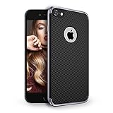 iPhone 7 Case, Mothca TPU Soft Bumper + PC Hard Frame 2 in 1 Case Carbon Fiber Pattern Finish and Plating Edges Flexible Double Protection Shock Proof and Impact Resistance Anti-slip Shell Cover(Gray)