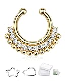 Gold IP Paved Gem Fan Non-Piercing Fake Septum Ring Clip On Clicker Ring 502GC