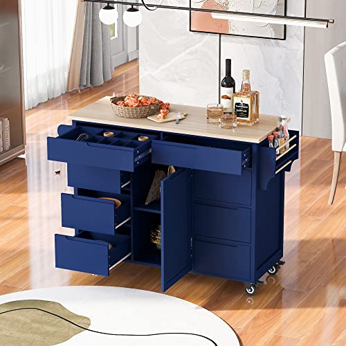 Voohek Kitchen Storage Islands & Carts on 5 Wheels, Rolling Cabinet with Rubber Wood Countertop, Flatware Organizer, 8 Drawers, for Dinning Room, Bar, Blue