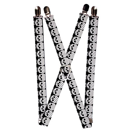 Grey and White Checkered Striped Pattern Skulls Suspenders