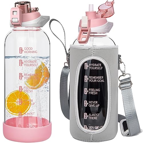 Seekua 1.5 liter Sport Trinkflasche Glas Flasche mit Strohhalm & Zeitmarkierung auslaufsicher bpa frei 1.5l Große Wasserflasche Motivation mit Schutzh