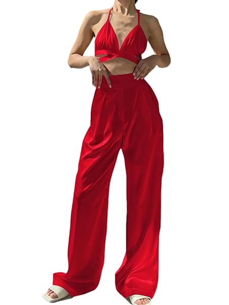 AI’MOURI SEXY 2 PIECE OUTFITS FOR WOMEN, SUMMER SATIN SLEEVELESS LACE-UP CROP TOPS AND WIDE LEG PANTS MATCHING SETS (RED, S)