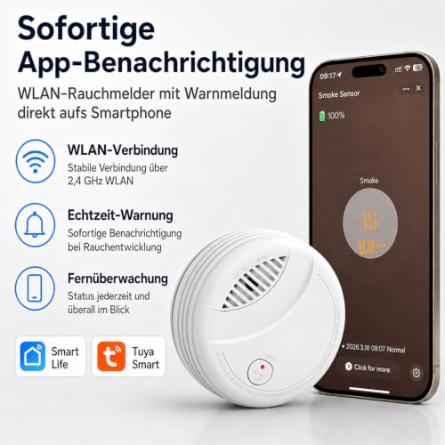 Hapippofa WiFi Smoke Detector with App Notification, 10-Year Battery, Networkable, Tested according to DIN EN 14604, Optical Smoke Alarm for Smart Home, Easy Installation, 3 Pieces