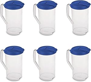 Sterilite 2 Qt Clear Plastic Drink Pitcher with Leak Proof Lid, Blue (6 Pack)