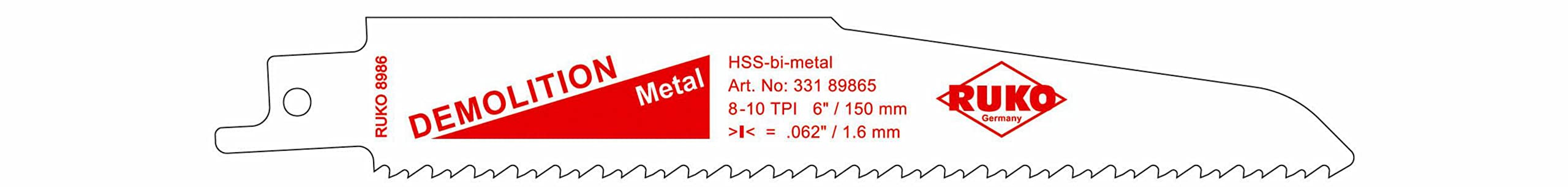 Ruko HSS Bi-Metal Reciprocating Blade, White Finish, 152.0 mm Length, 21.0 mm Height, 2.54-3.18 mm Tooth Spacing, Pack of 5, R33189865