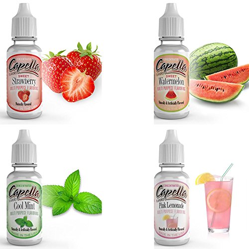 Capella Flavor Drops, 4 Pack Assortment Bundle - Sweet Strawberry, Sweet Watermelon, Pink Lemonade, Cool Mint (Best Watermelon Vape Juice)