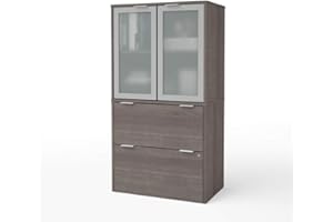 Bestar i3 Plus Lateral File Cabinet with Frosted Glass Doors Hutch, 31W, Bark Grey
