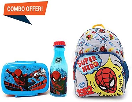 HMI International Combo Set of Disney Original Licensed Polyester School Bag"10 Ltrs" and Plastic Lunch Box and Water Bottle, BPA Free, Durable, Leak Proof and Microwave & Dishwasher Safe