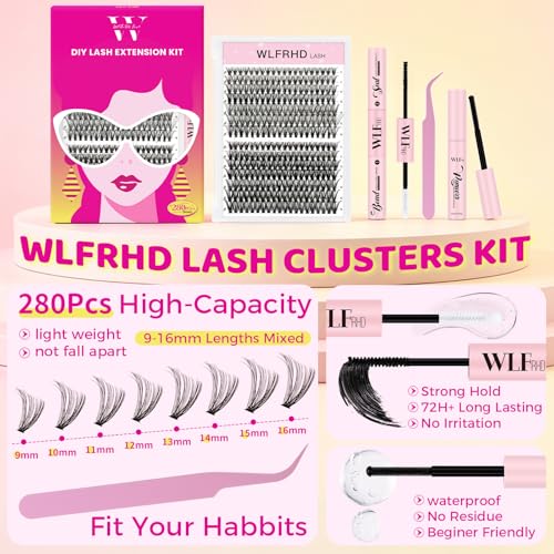 Cluster Lashes Kit Eyelash Clusters 30D 40D DIY Lash Clusters Kit Individual Lashes extension Kits 280PCS Natural Eyelash Extension Kits with Bond and Seal, Eyelashes Remover and Tweezer(Mix9-16mm)