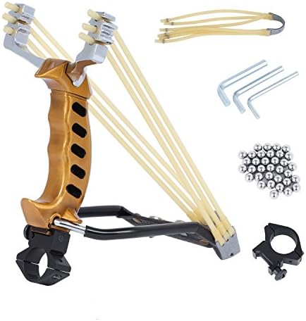 Professional Stainless Slingshot Powerful Outdoor Hunting Sling Shot High Velocity Catapult with 2 Rubber Bands and 100 Extra Slingshot Ammo