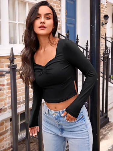Trendy Queen Womens Long Sleeve Going Out Crop Tops Sweetheart