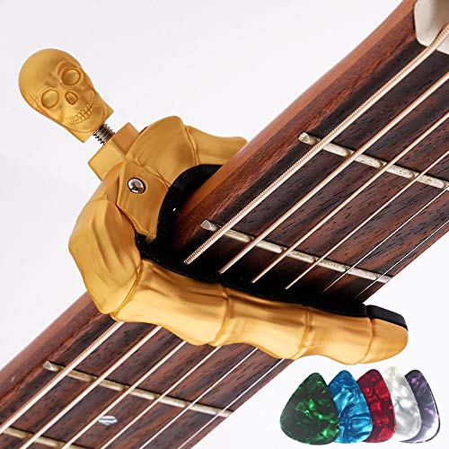 Guitar Capo Skull Capo for Acoustic and Electric Guitar Skeleton Head Ukulele Capo for Banjo Mandolin Bass and Classical Guitar Comes with 5 Picks (Golden)