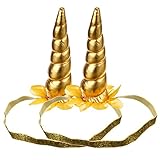 Frienda 2 Pack Unicorn Headband Party Horn Headband Dress Horn Party Flower Headband Unicorn Cosplay Costume Children Party Supplies (Gold)