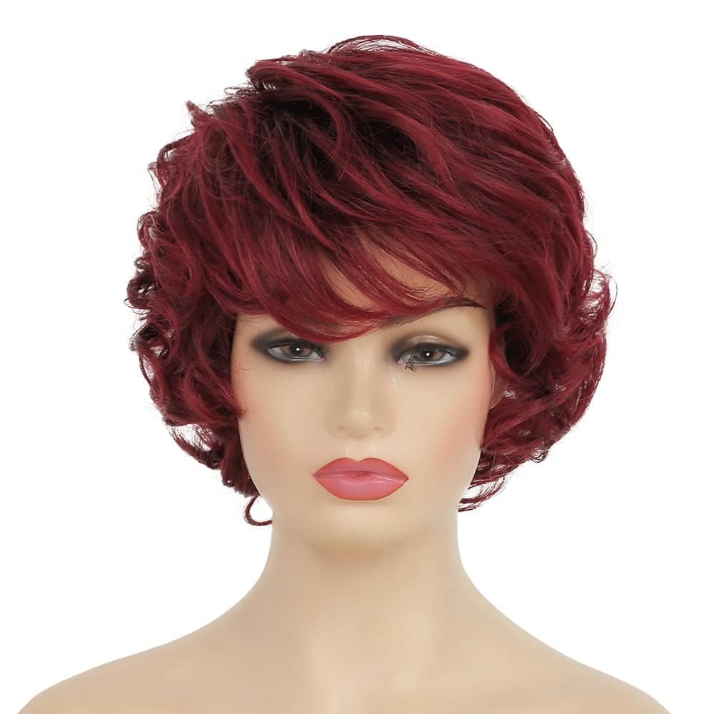 Baruisi Short Curly Wine Red Wigs for Women Soft Synthetic Heat Resistant Hair Replacement Full Wig Cospaly Party