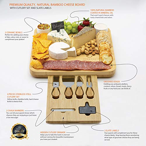 DESSINI Natural Bamboo Cheese Board and Cutlery Set, Wooden