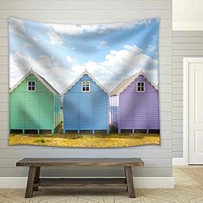 Traditional British Beach Huts on a Bright Sunny Day - Fabric Wall Tapestry Home Decor - 51x60 inches