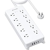TROND Power Bar with Surge Protector, 4000J, ETL Listed, 10ft Long Flat Extension Cord Indoor, 10 Multi Plug Outlets 4 USB Po