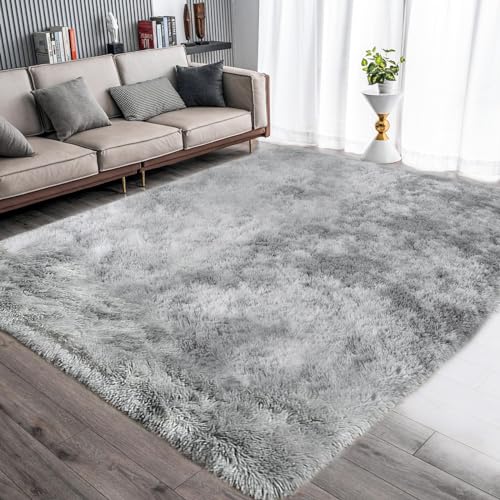 ASIinnsy Living Room Rug, Long Hair, Shaggy Modern Room Carpets, Large, Grey, Non-Slip, Soft, for Bedroom, Dining Room, Plush Rug (200 x 250 cm, Grey White)