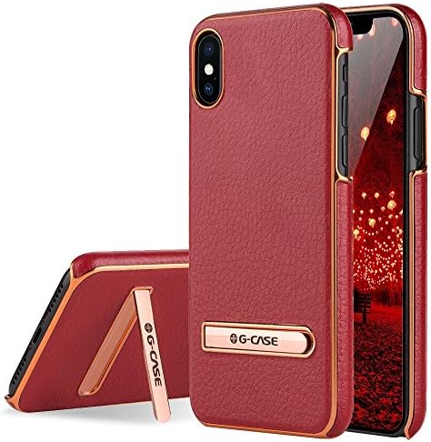 iPhone X/iPhone Xs Case, G-CASE [Plating]- [Metal Kickstand] [Anti-Scratch] [Synthetic Leather] [Shockproof] Phone Case Cover for Apple iPhone X/XS - Red